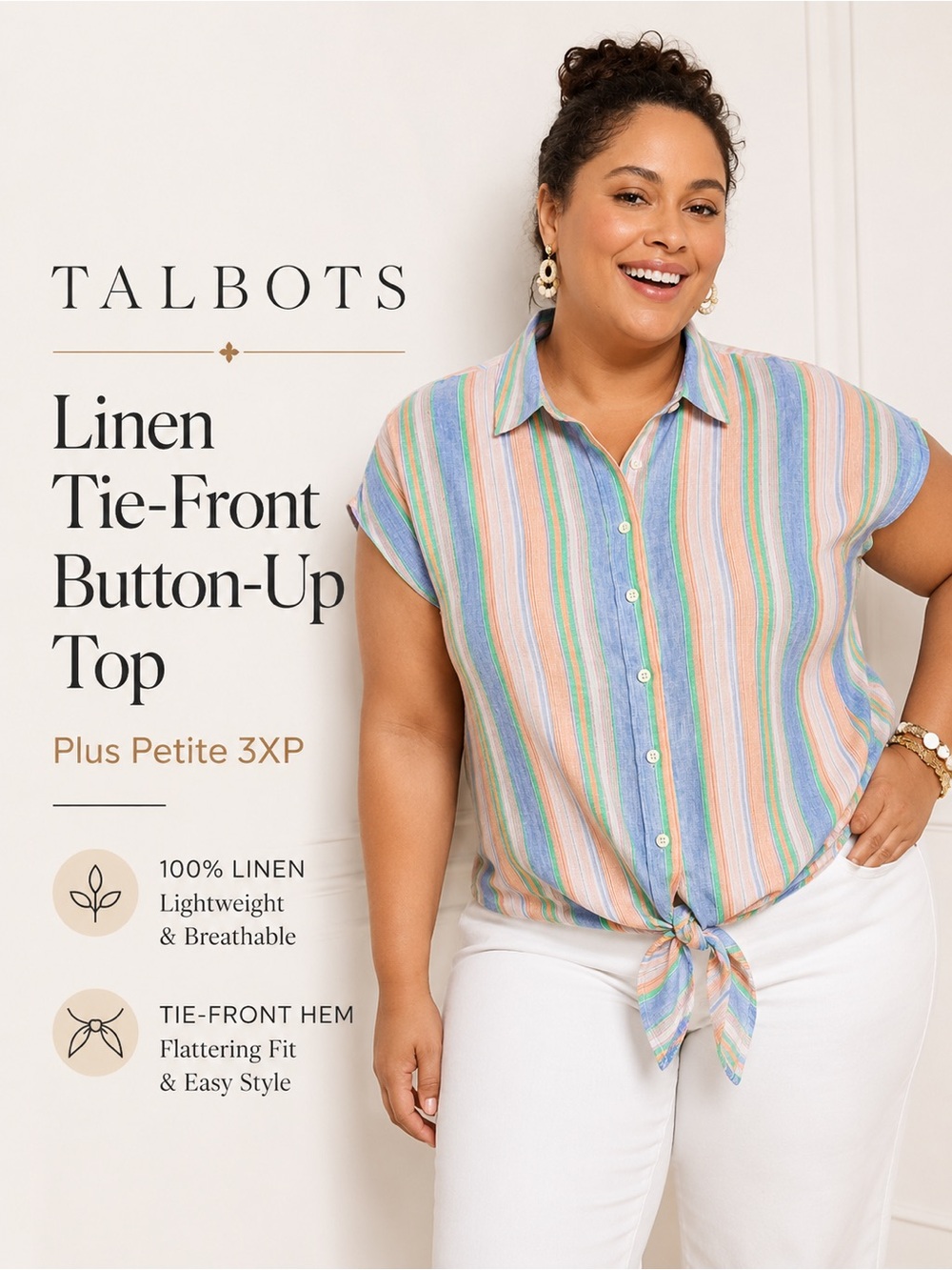 NWT Talbots Plus Petite 3XP‎ 100% Linen Striped Tie Front Button-Up Top